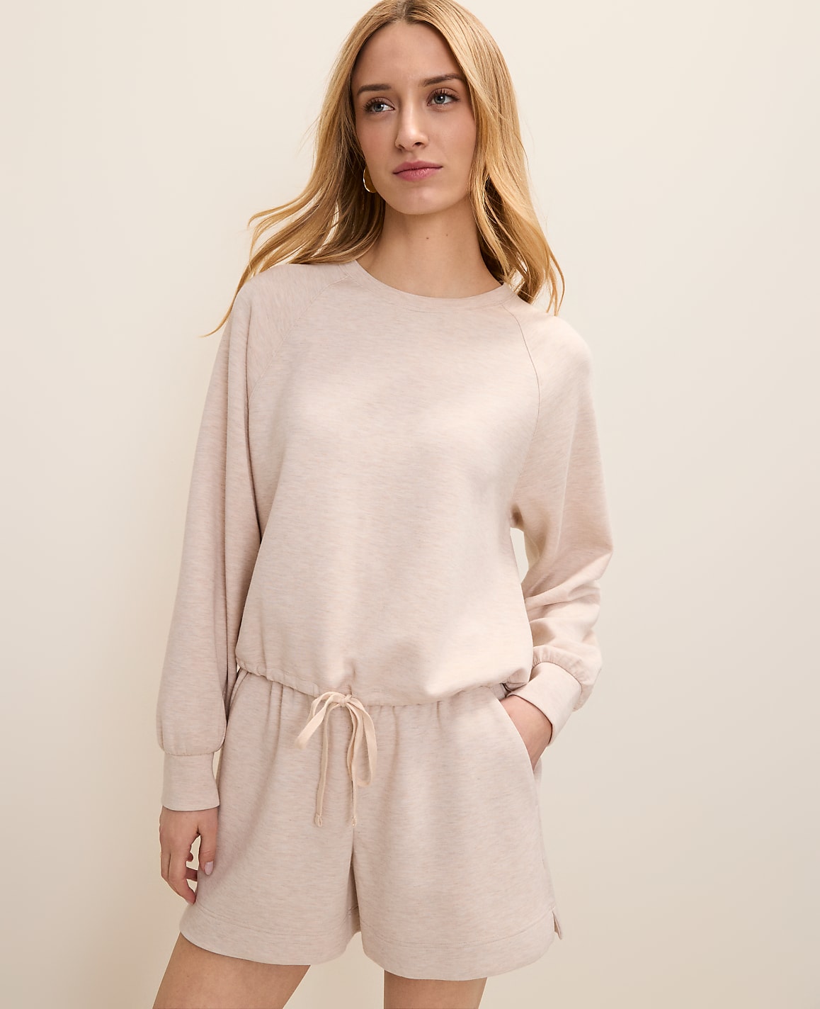 Ann Taylor Muted Taupe Heather Drawstring Crew Neck Sweatshirt in CloudPlush