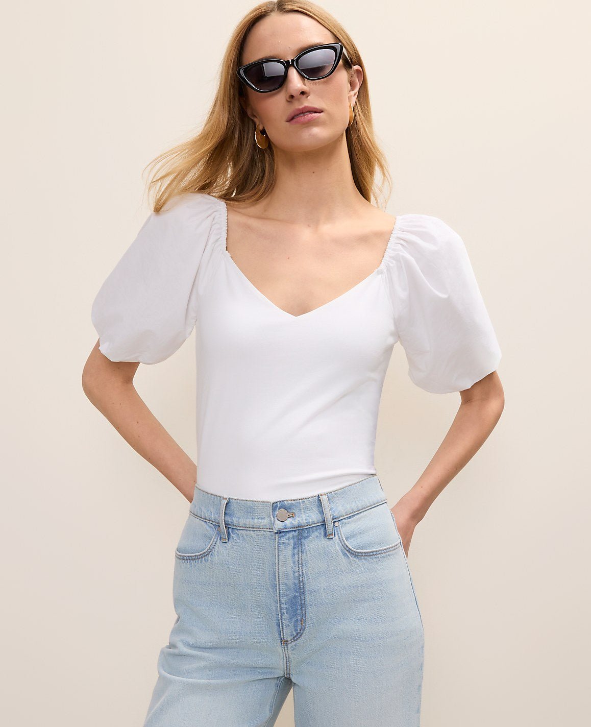 Ann Taylor White Mixed Media Puff Sleeve Top
