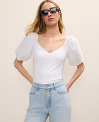 Ann Taylor White Mixed Media Puff Sleeve Top