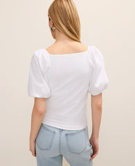 Ann Taylor White Mixed Media Puff Sleeve Top