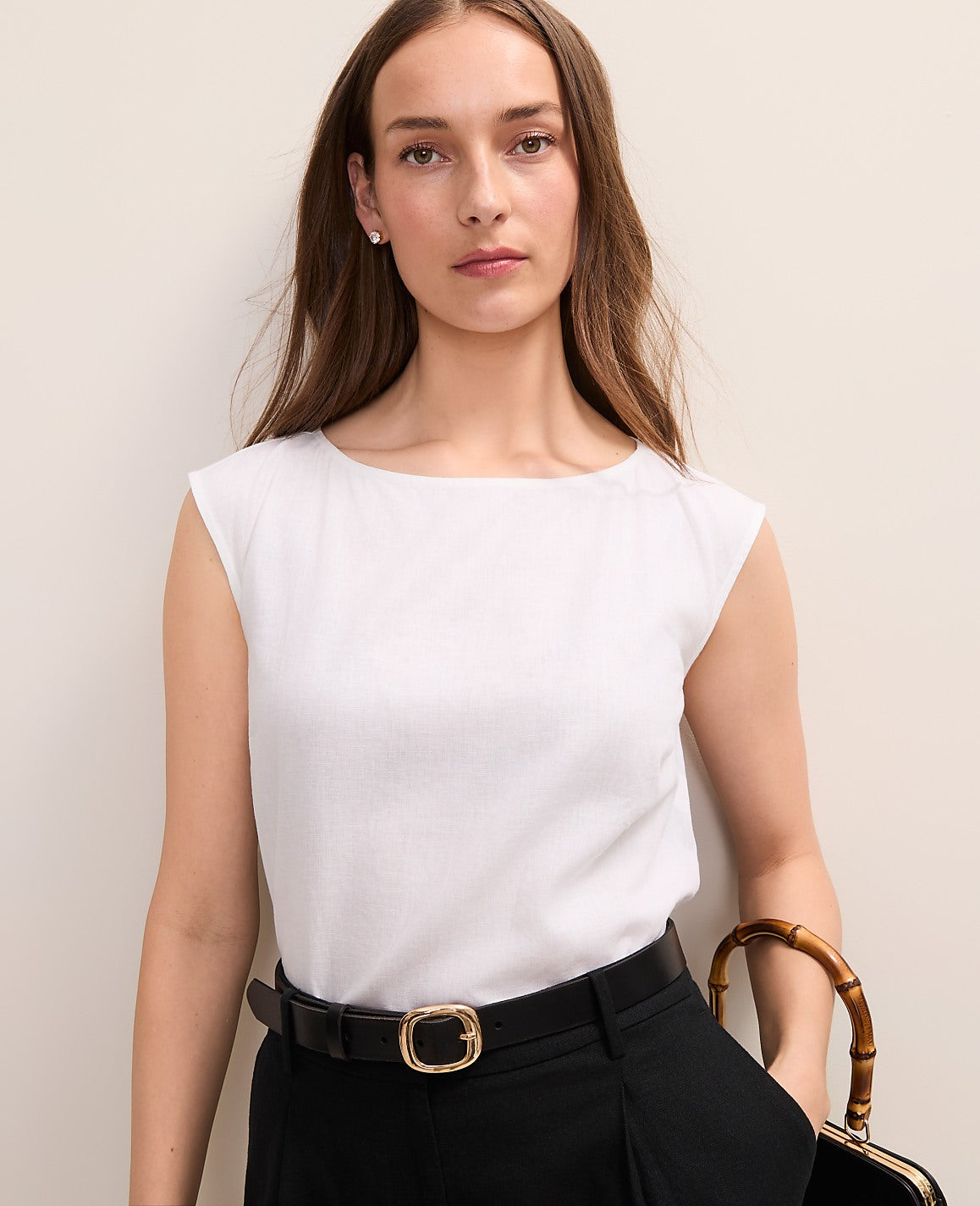 Ann Taylor White Boatneck Top in Linen Blend