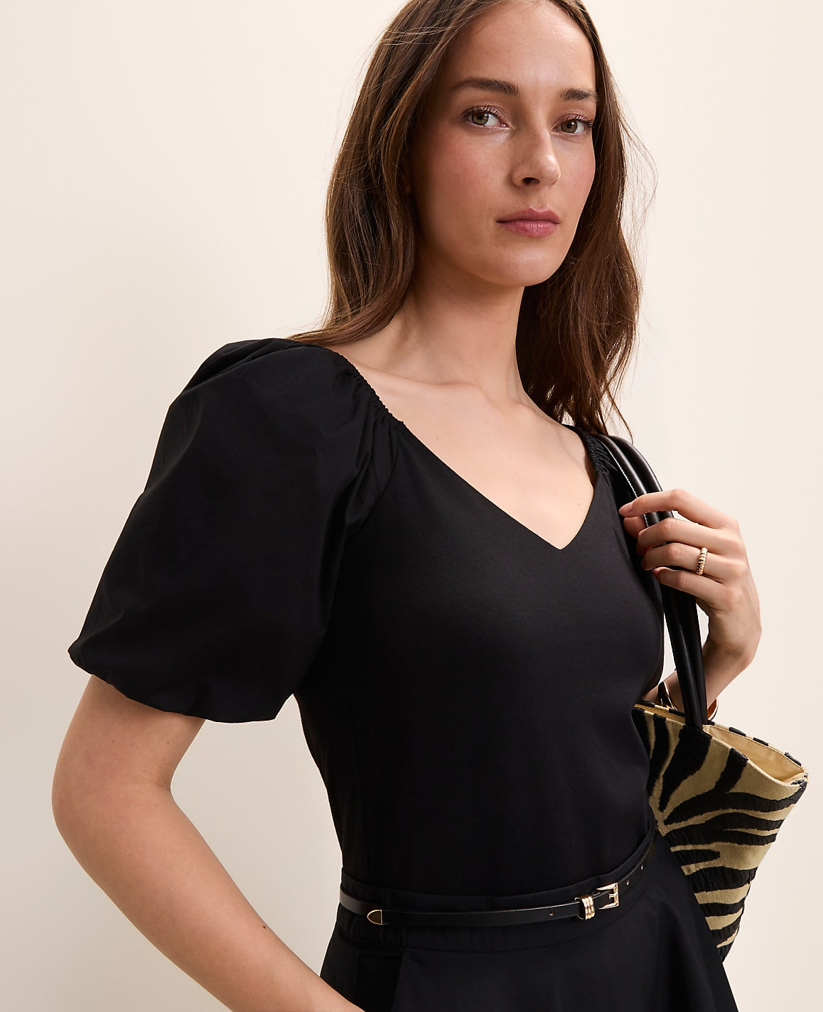 Ann Taylor Black Mixed Media Puff Sleeve Top