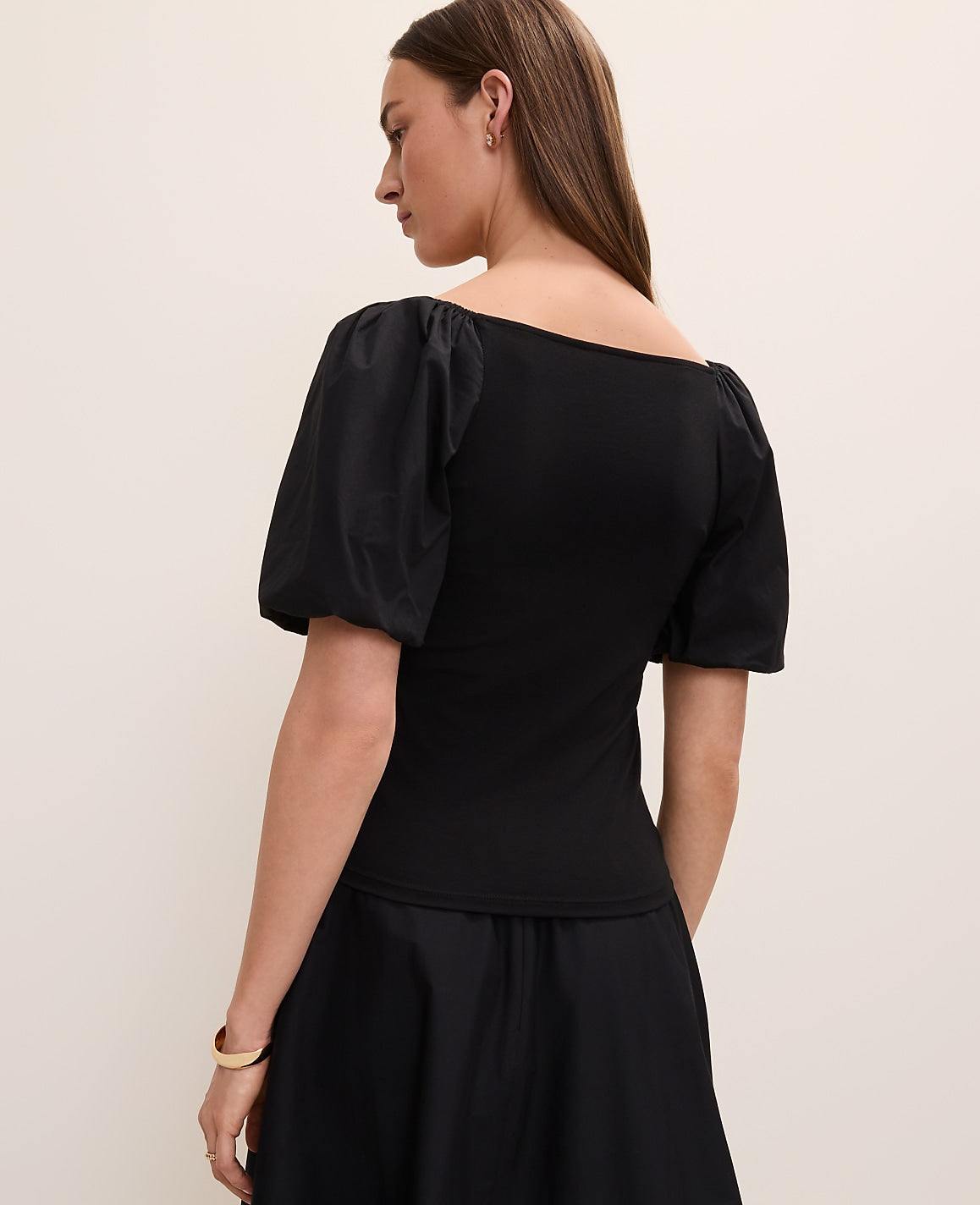 Ann Taylor Black Mixed Media Puff Sleeve Top