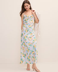 Ann Taylor Limoni Scarf Lemon Print Cowl Neck Slip Dress in Satin