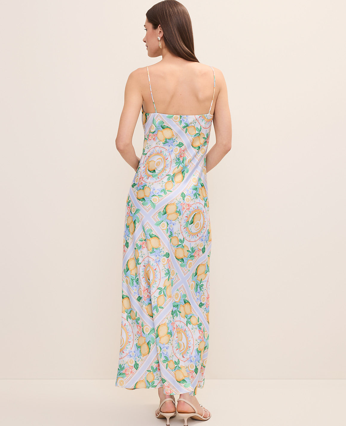 Ann Taylor Limoni Scarf Lemon Print Cowl Neck Slip Dress in Satin