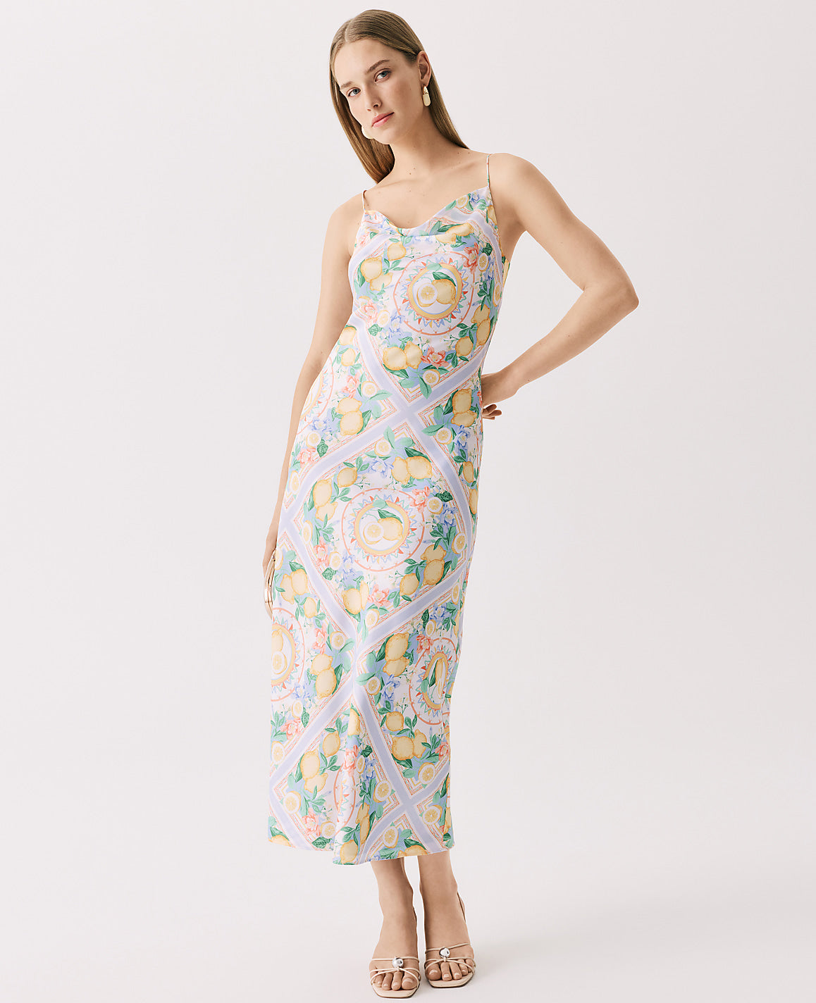 Ann Taylor Limoni Scarf Lemon Print Cowl Neck Slip Dress in Satin