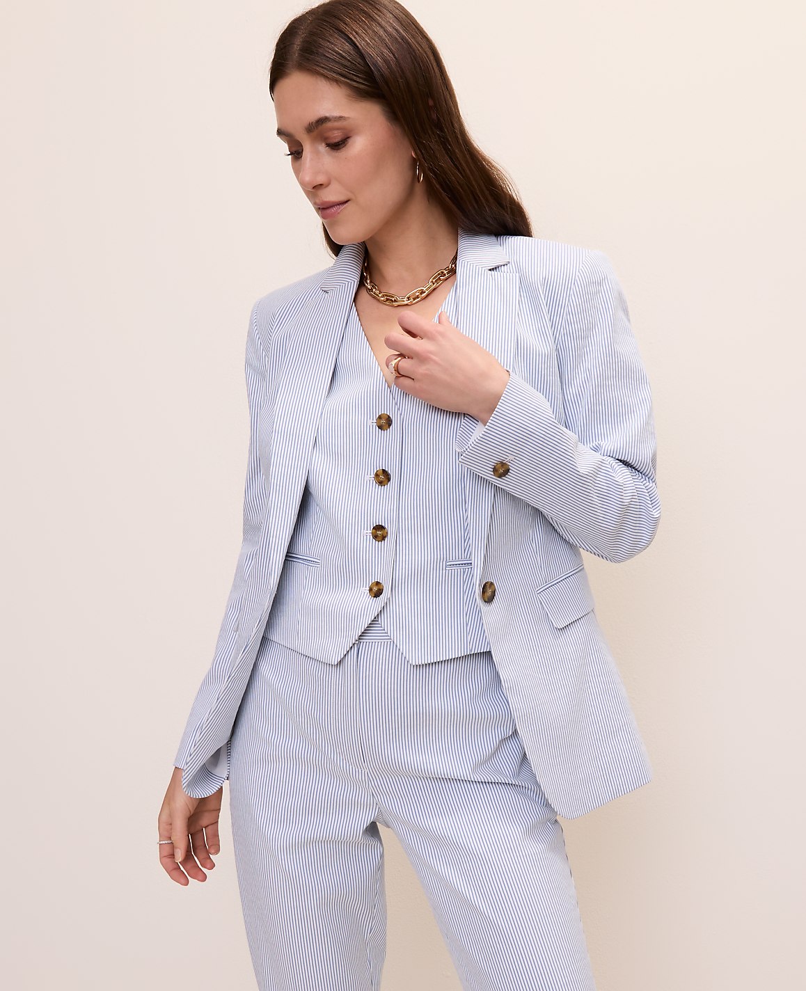 Ann Taylor Ocean Oasis Stripe The Long One Button Blazer in Seersucker