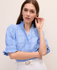 Ann Taylor Vista Blue Crochet Ruffle Collar Blouse