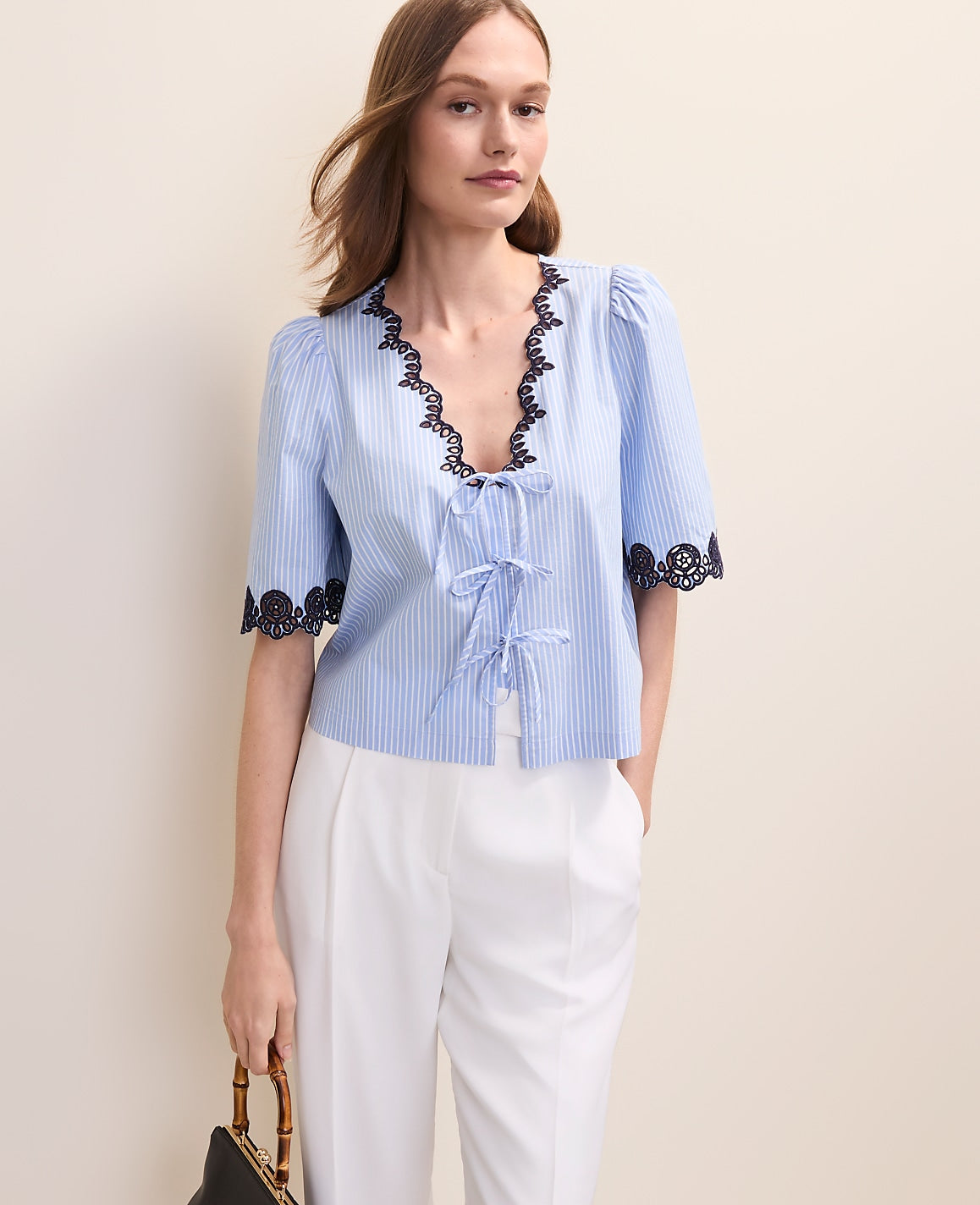 Ann Taylor Vista Blue Striped Tie Front Top