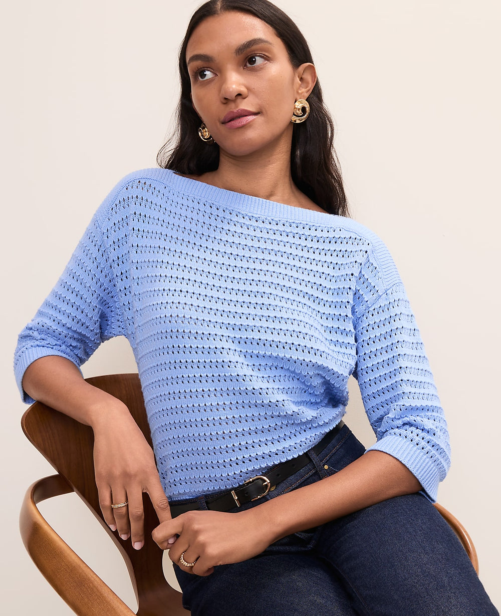 Ann Taylor Vista Blue Pointelle Boatneck Sweater