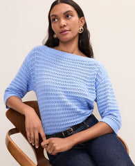 Ann Taylor Vista Blue Pointelle Boatneck Sweater