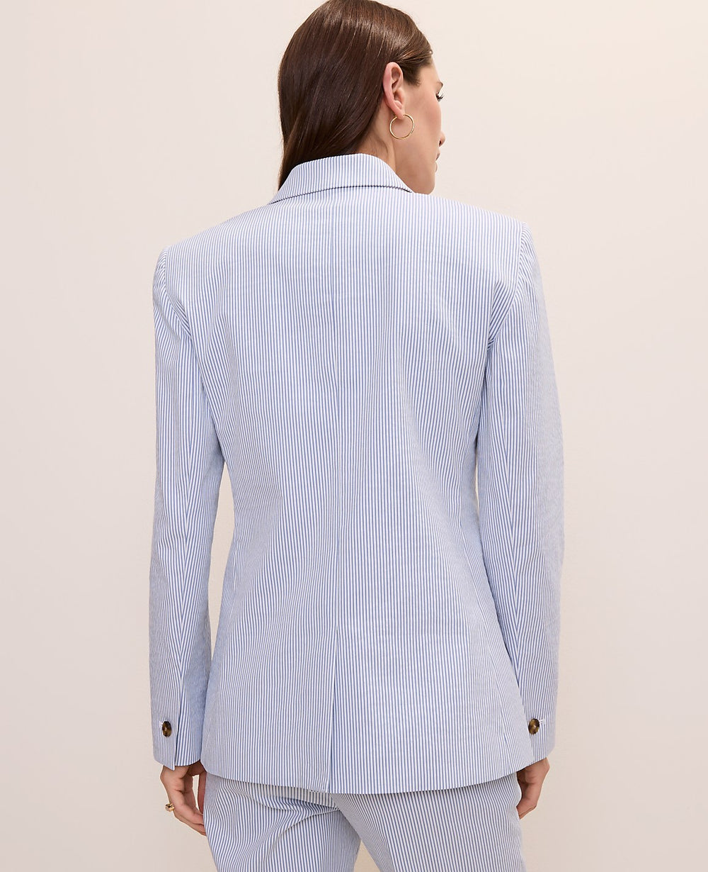 Ann Taylor Ocean Oasis Stripe The Long One Button Blazer in Seersucker