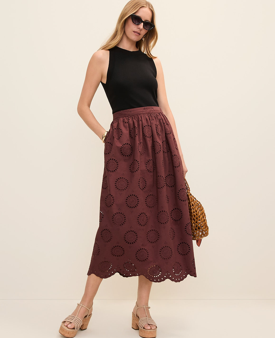 Ann Taylor Rich Walnut Weekend Eyelet Gathered Maxi Skirt
