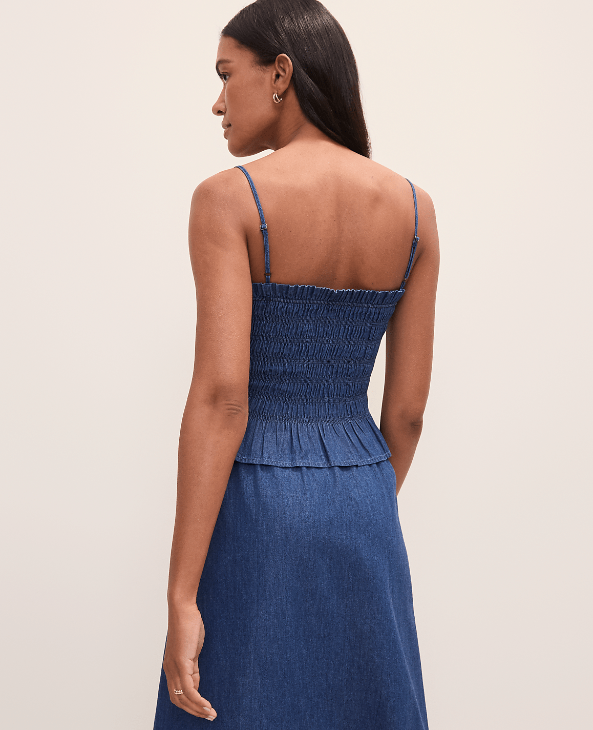 Ann Taylor Medium Wash Weekend Smocked Ruffle Trim Tank Top