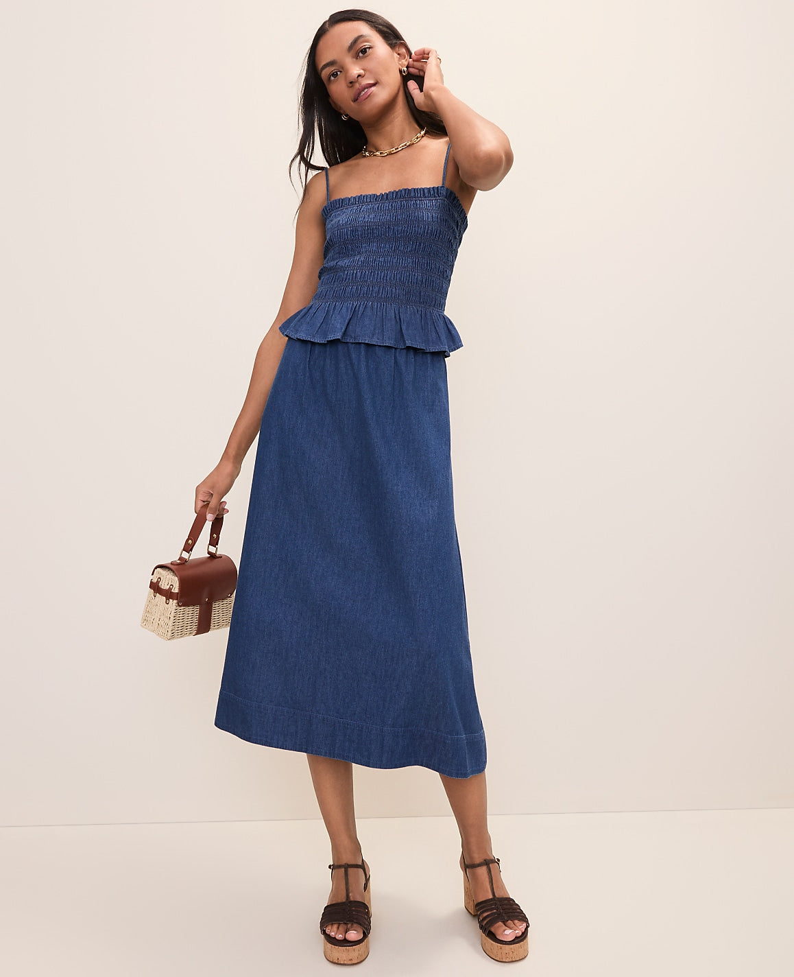 Ann Taylor Medium Wash Weekend Easy Fit Denim Midi Skirt