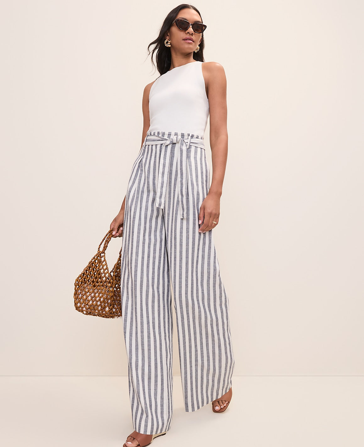 Ann Taylor Subdued Navy The Striped Paperbag Waist Pant in Linen Blend