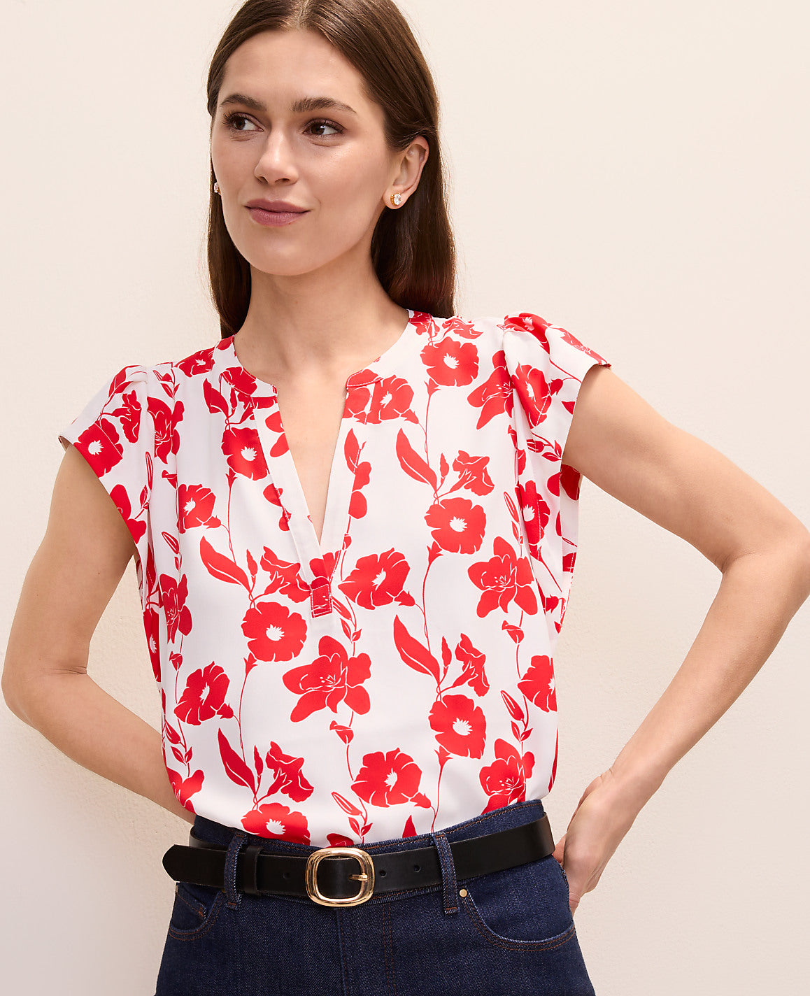 Ann Taylor Bright Cherry Mixed Media Floral Flutter Sleeve Top