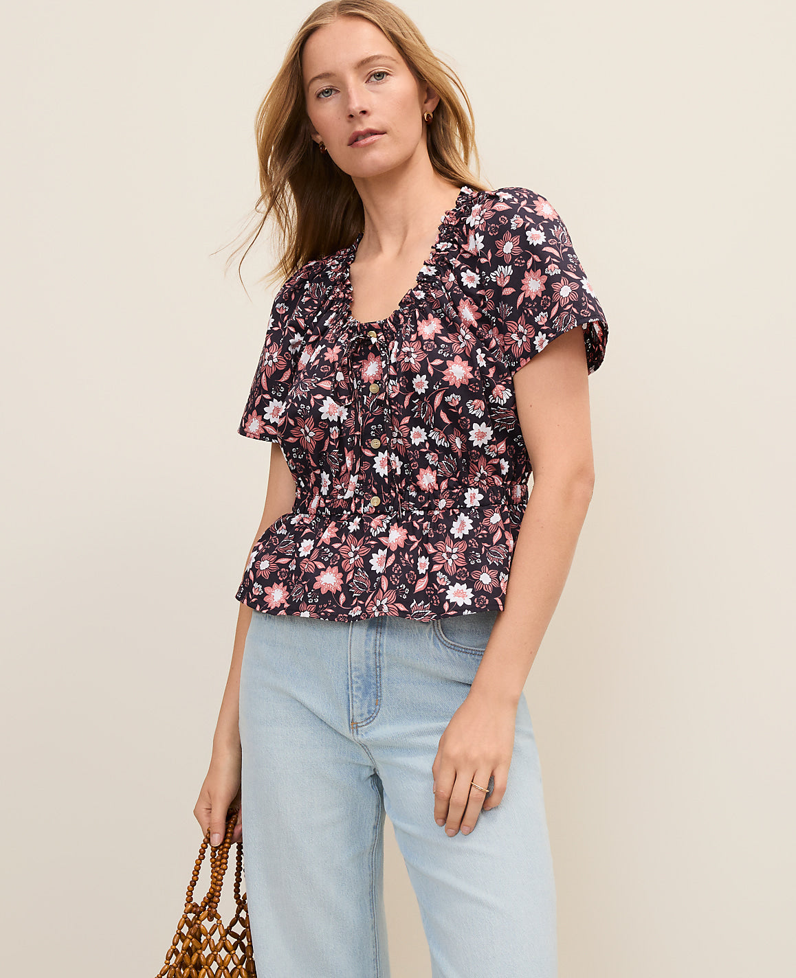 Ann Taylor Night Sky B Weekend Floral Gathered Peplum Top