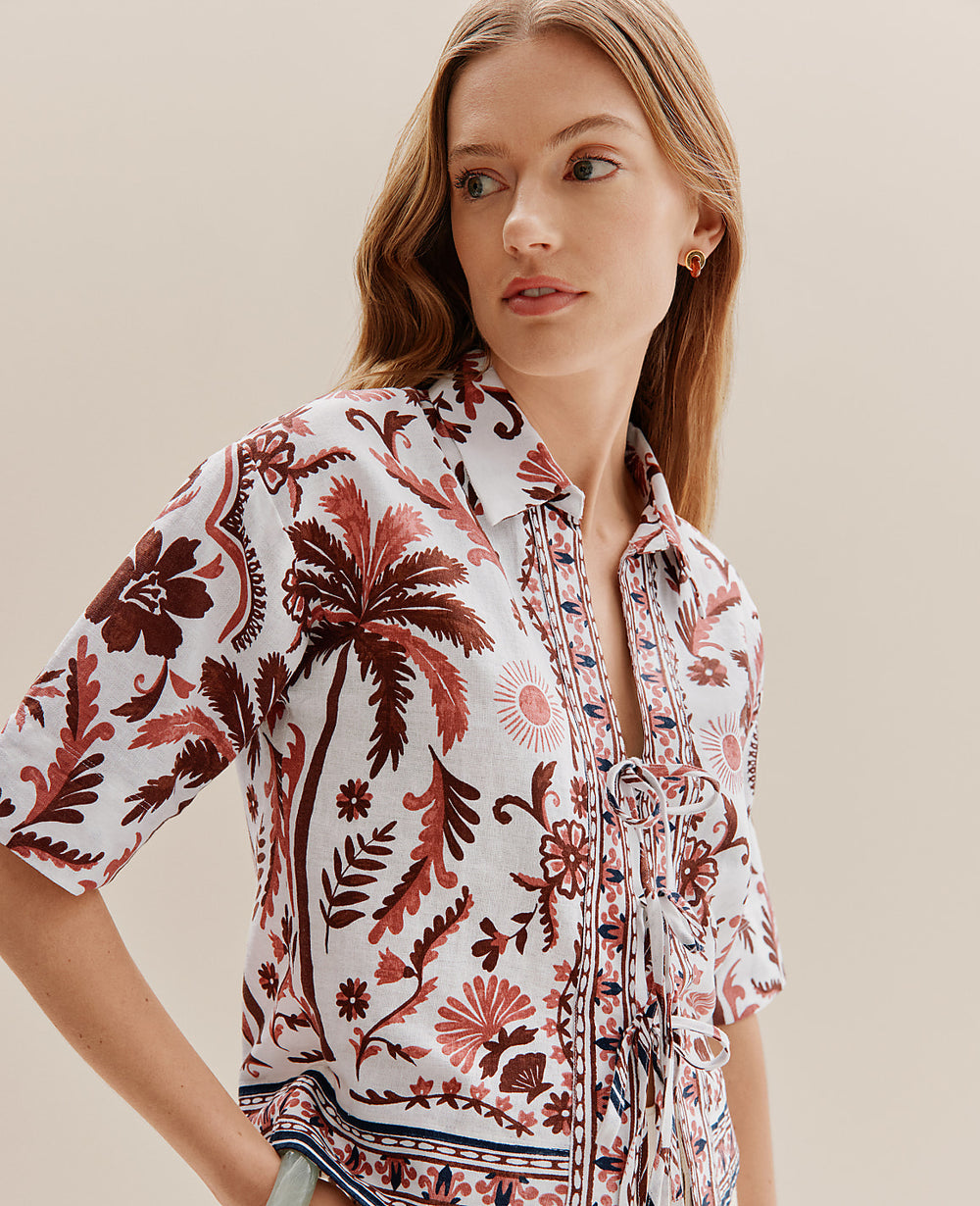 Ann Taylor Rich Walnut Weekend Linen Blend Triple Tie Top