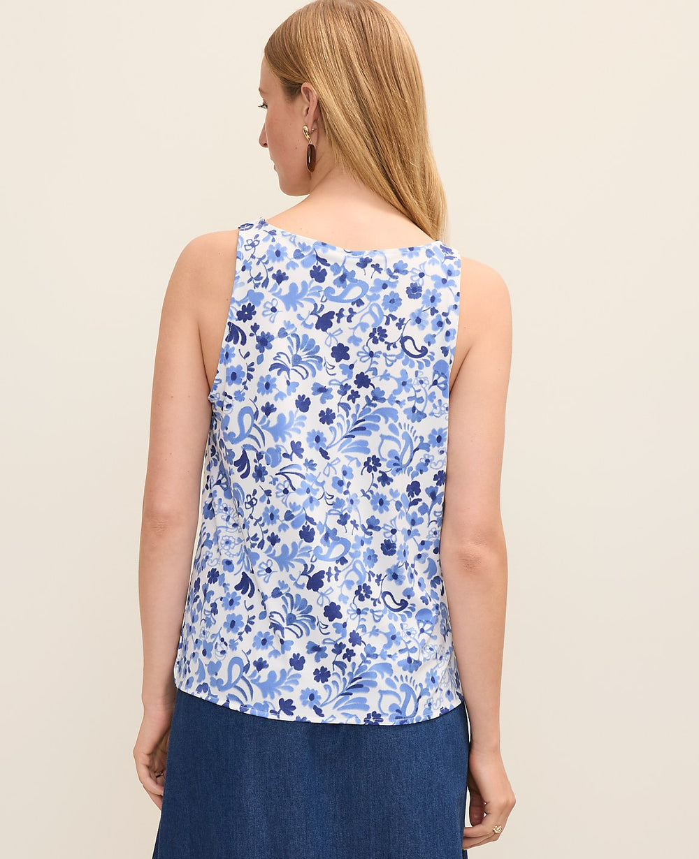 Ann Taylor Winter White - Pure Ink Floral Mixed Media V-Neck Shell