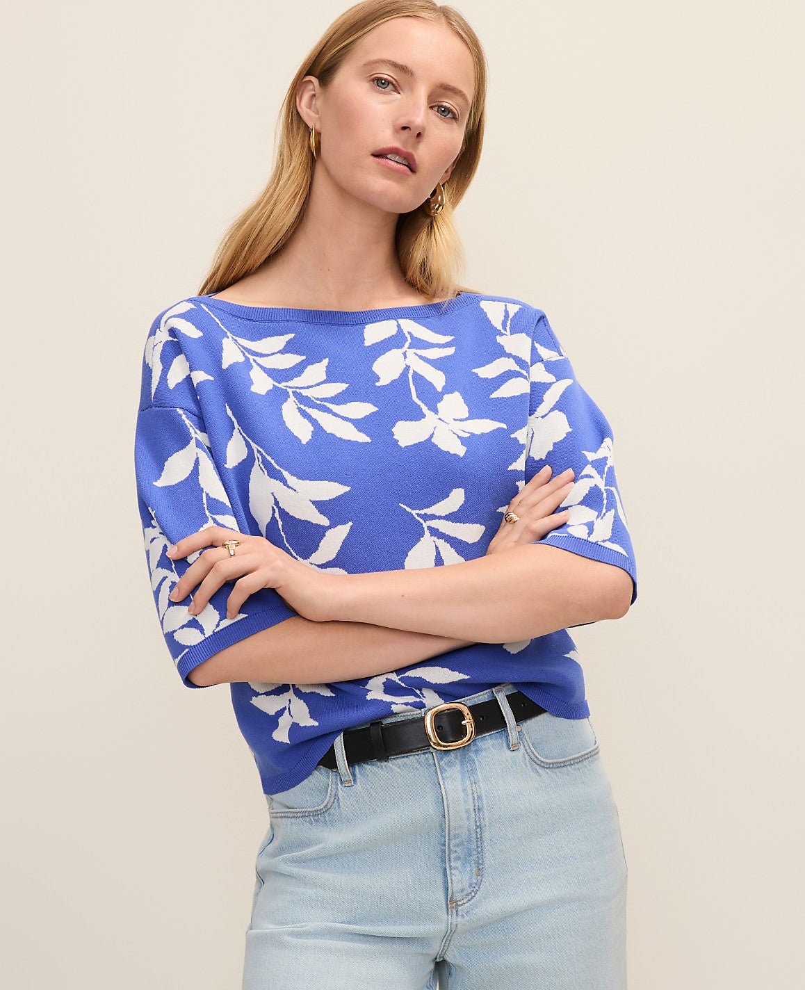 Ann Taylor Dream Blue Floral Jacquard Boatneck Sweater