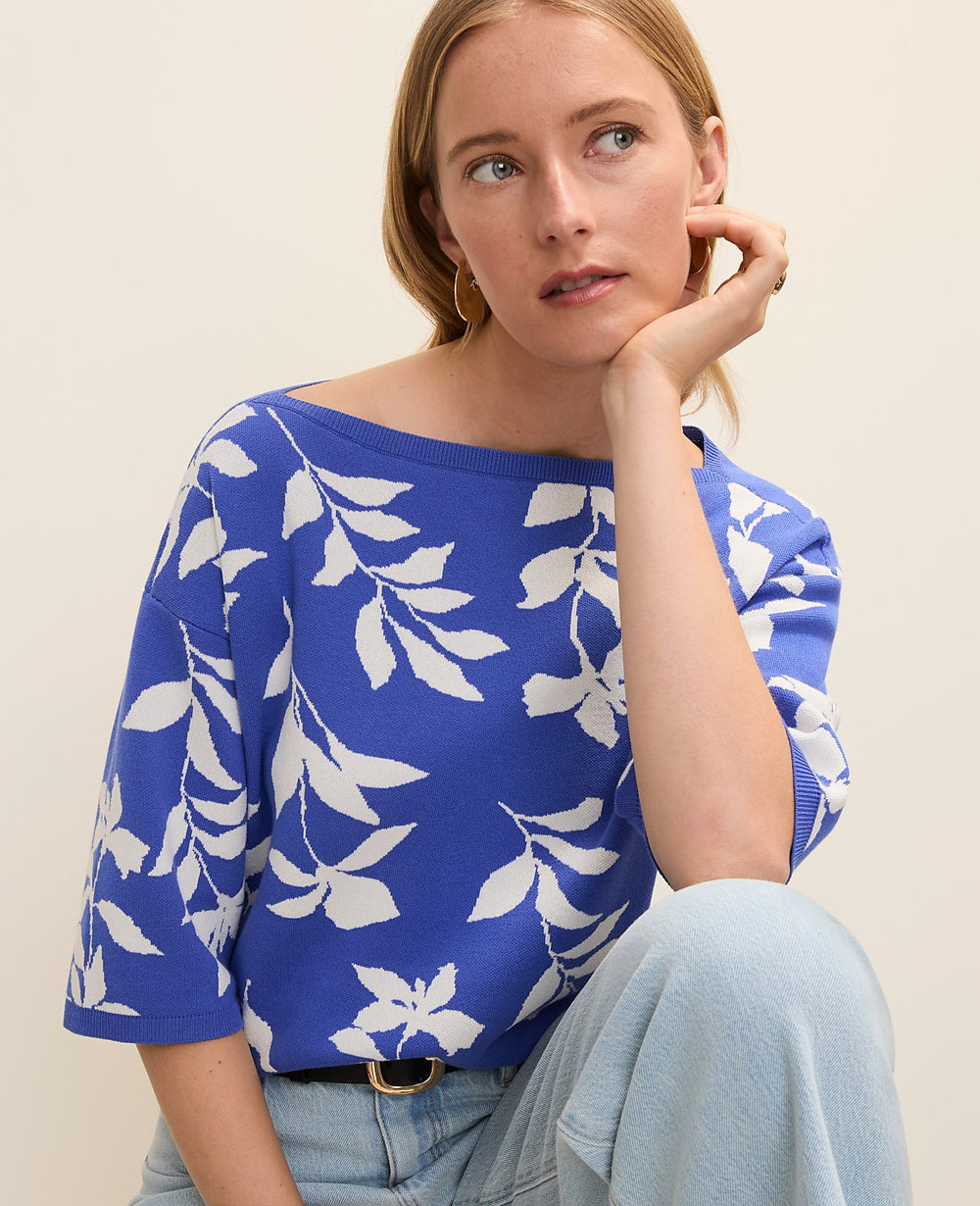 Ann Taylor Dream Blue Floral Jacquard Boatneck Sweater