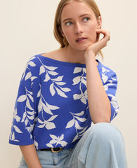 Ann Taylor Dream Blue Floral Jacquard Boatneck Sweater