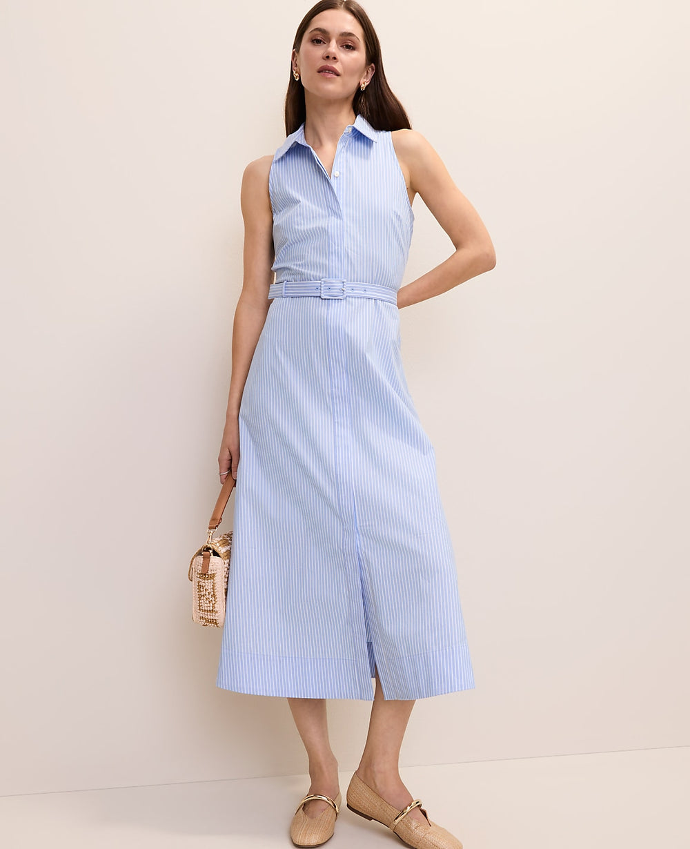 Ann Taylor Vista Blue Striped Collared Halter Midi Dress