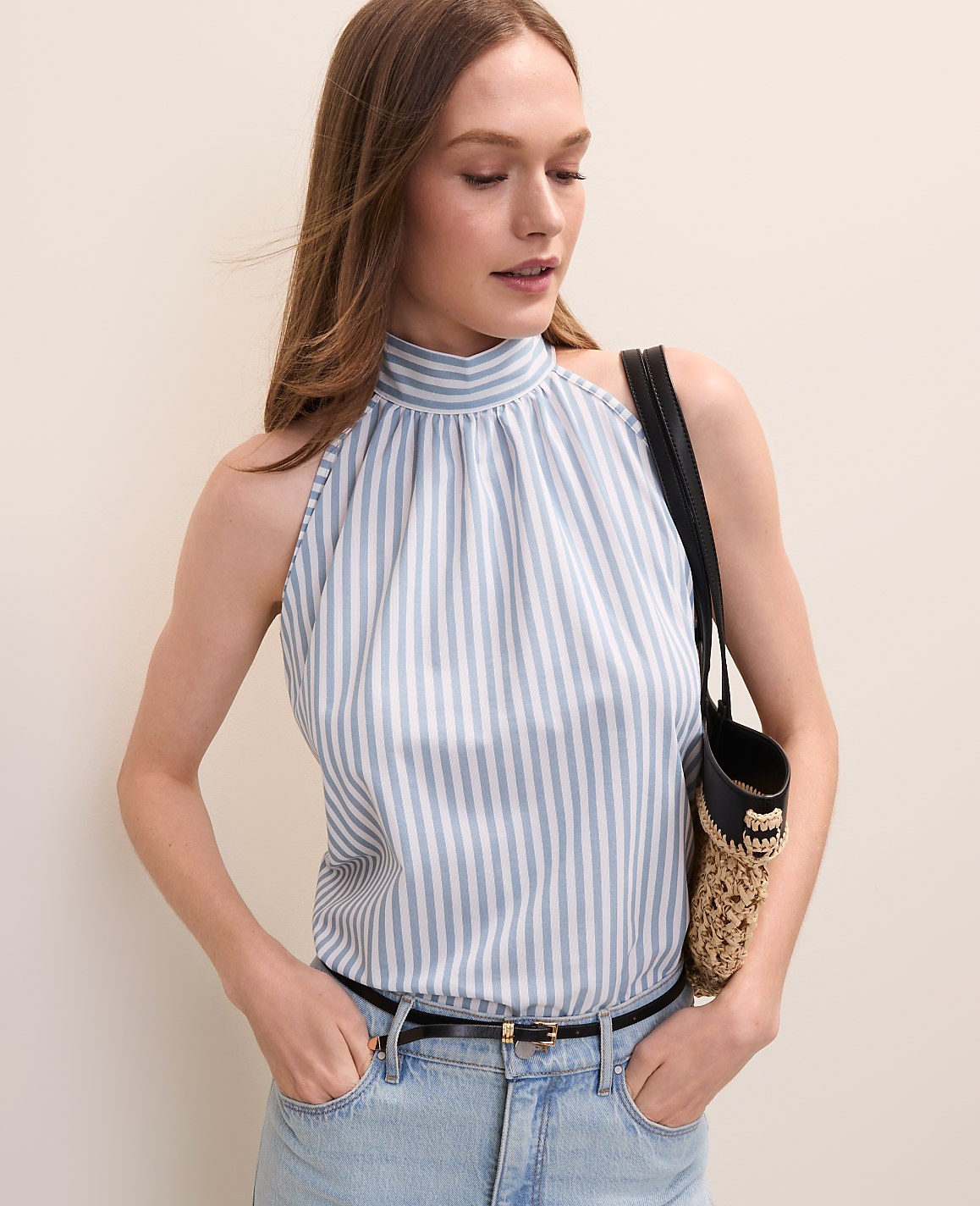 Ann Taylor Coastline Blue Striped Mock Neck Halter Top