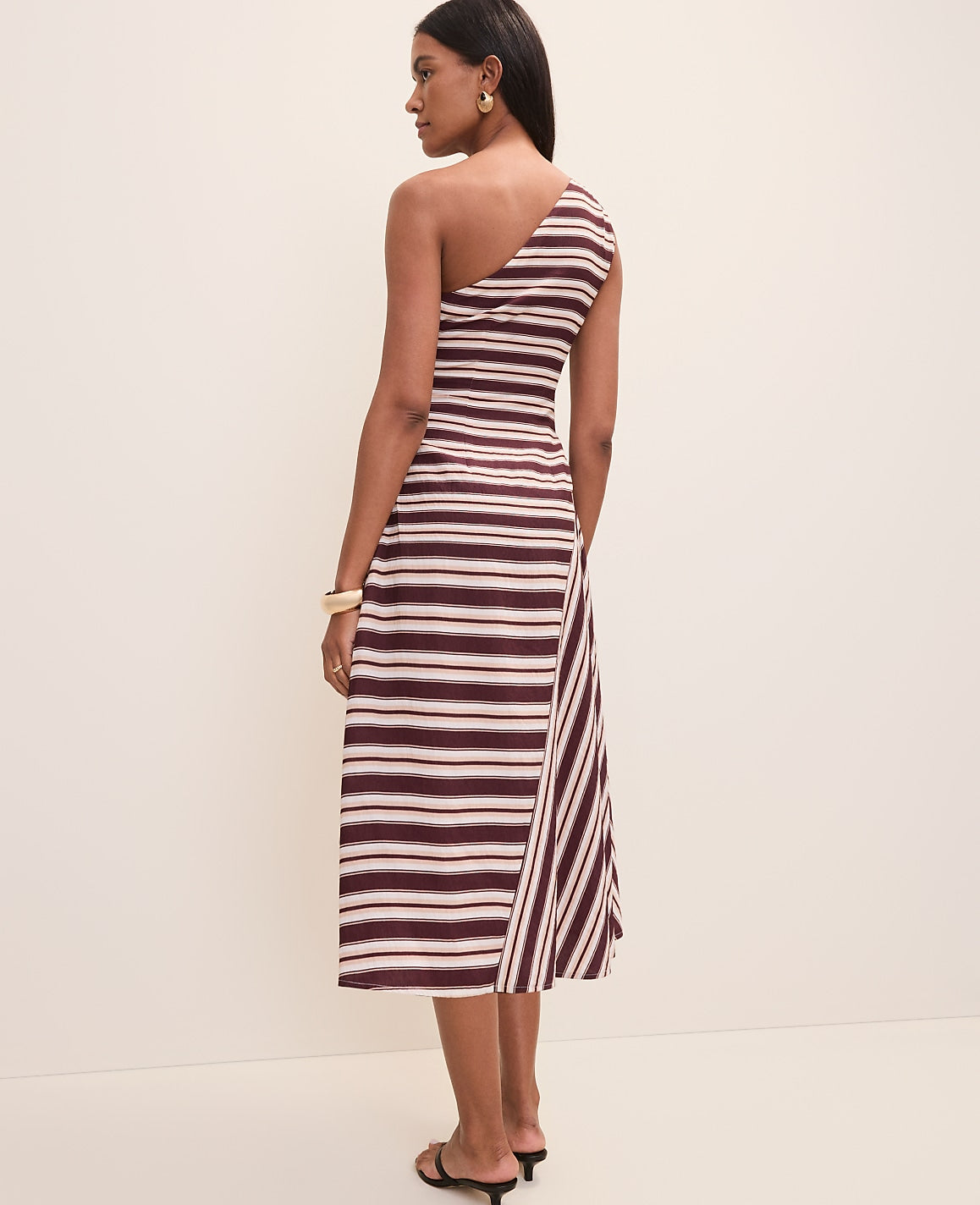 Ann Taylor Rich Walnut Weekend Striped One-Shoulder Midi Dress