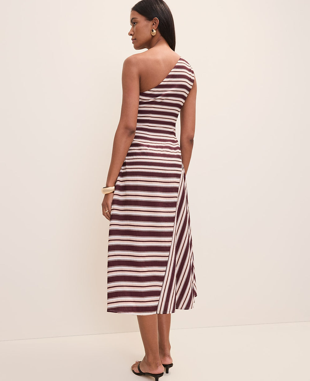 Ann Taylor Rich Walnut Weekend Striped One-Shoulder Midi Dress