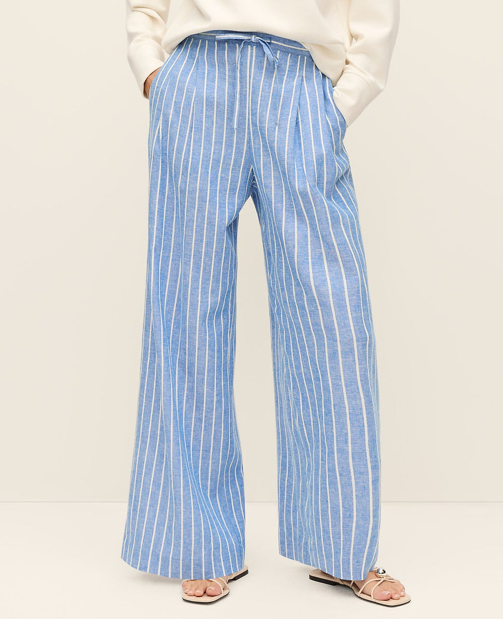 Ann Taylor Medium Blue/ White Stripe Weekend Striped Easy Fit Wide-Leg Pant