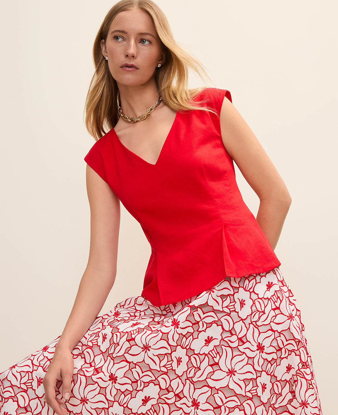 Ann Taylor Bright Cherry Peplum Top in Linen Blend