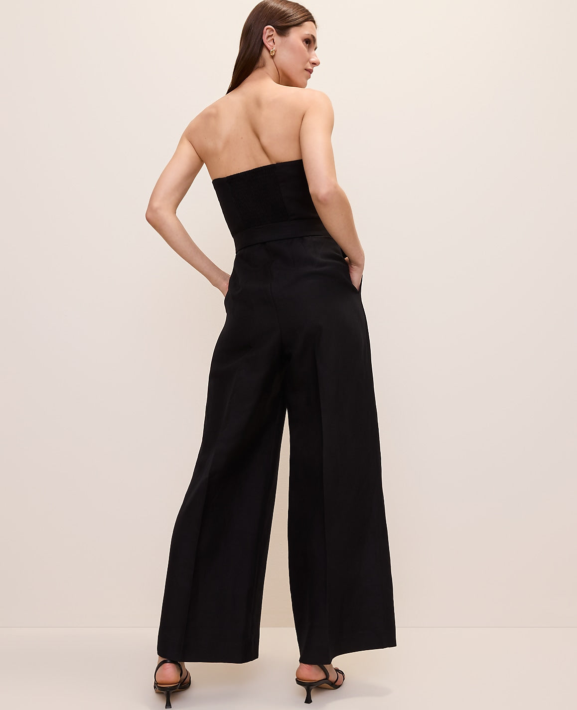 Ann Taylor Black Belted Strapless Jumpsuit in Linen Blend