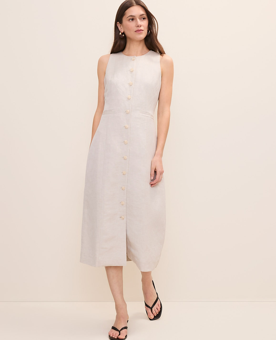 Ann Taylor Natural Flax Button Midi Dress in Linen Blend
