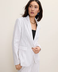 Ann Taylor White The Pinstripe Long One Button Blazer in Linen Blend