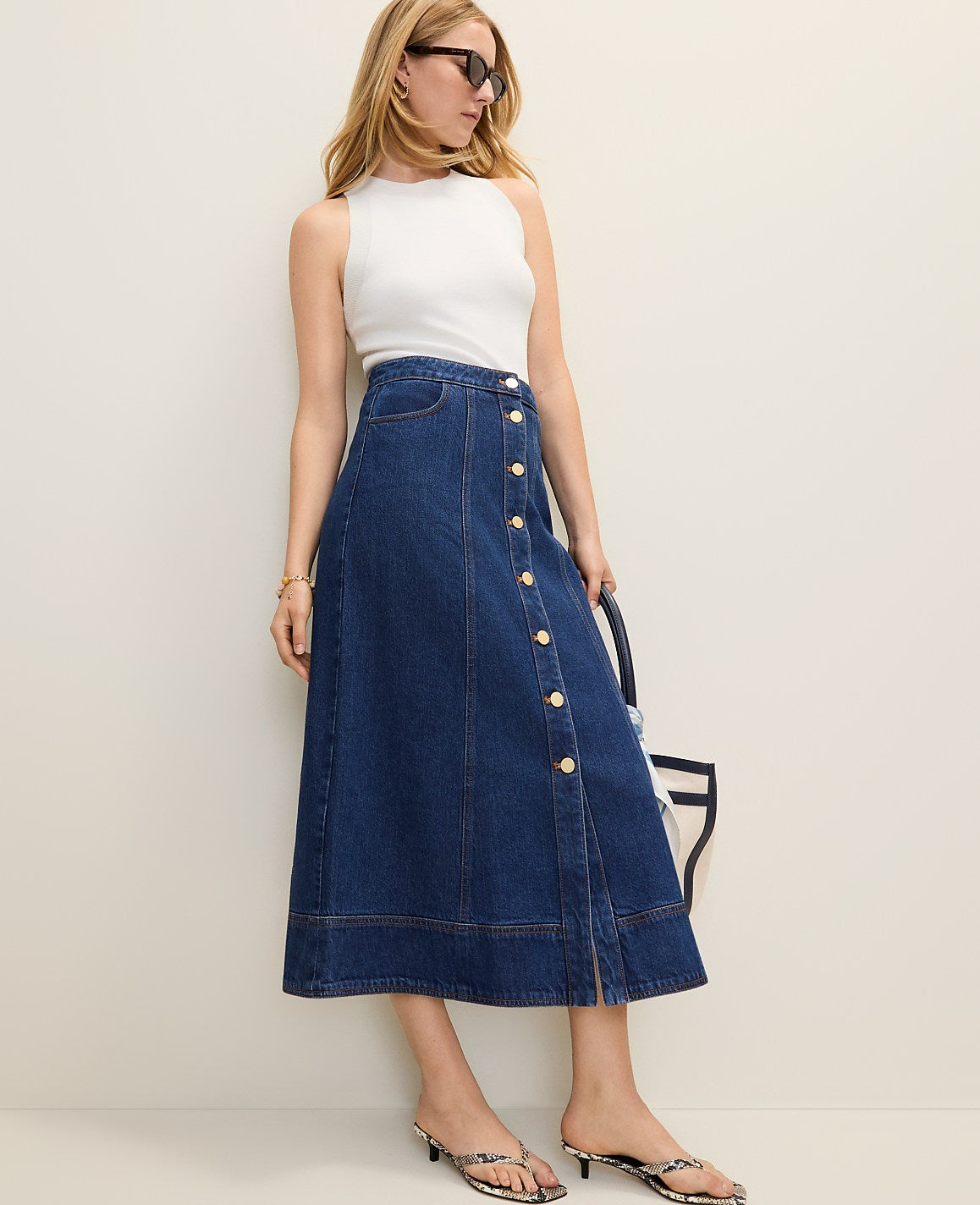 Ann Taylor Effie Wash Buttoned Denim Midi Skirt