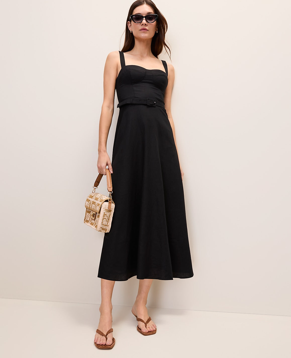 Ann Taylor Black Belted Midi Dress in Linen Blend