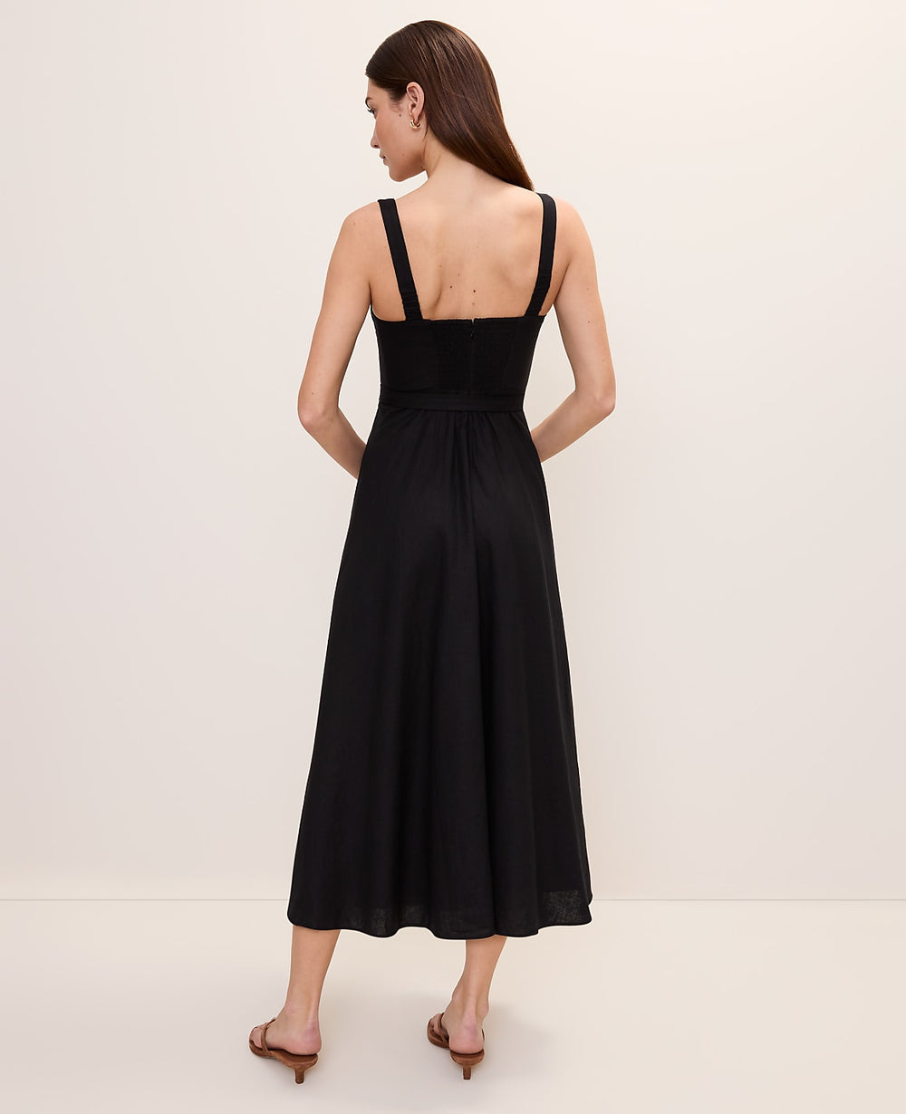 Ann Taylor Black Belted Midi Dress in Linen Blend