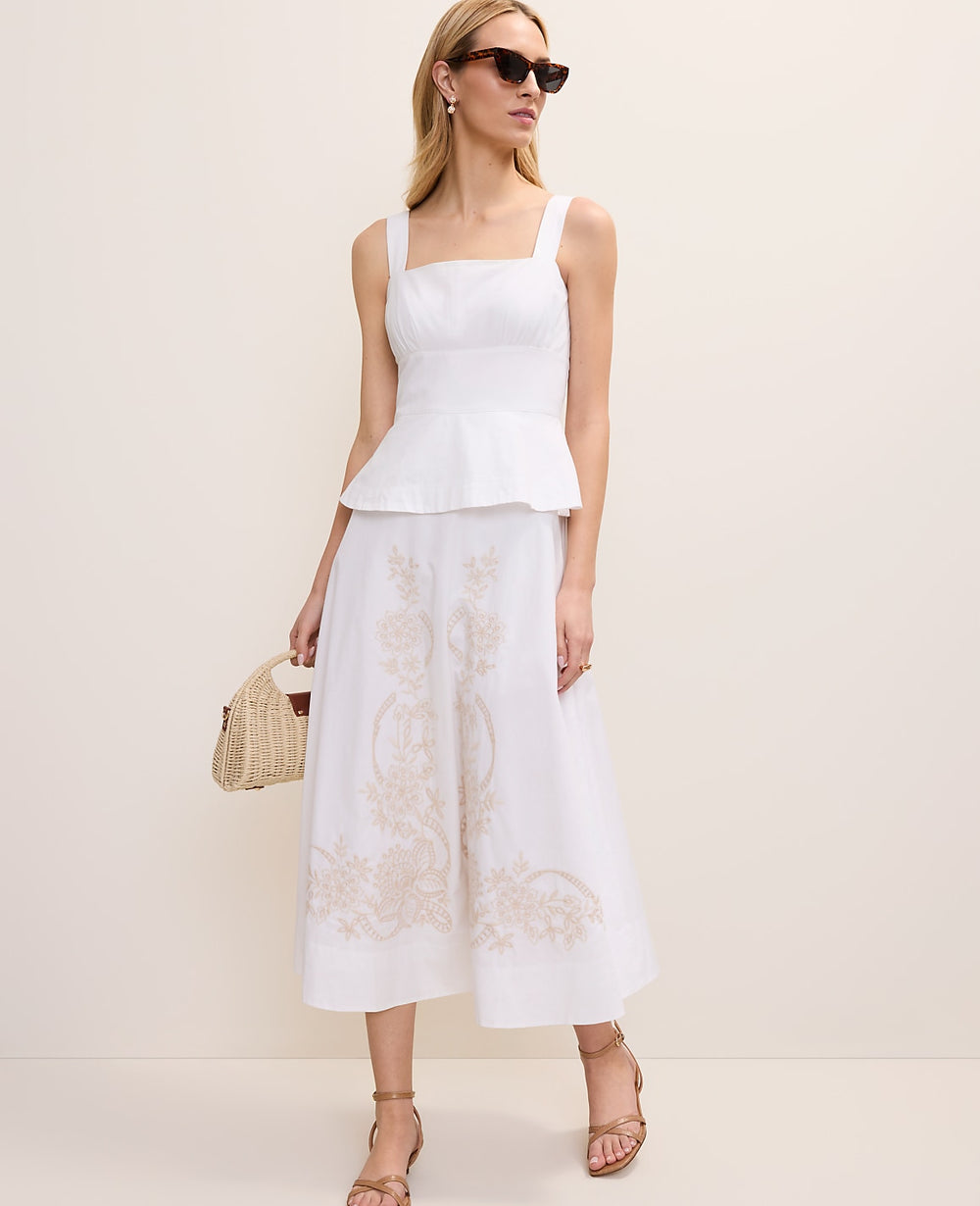 Ann Taylor White Embroidered Peplum Flare Midi Dress