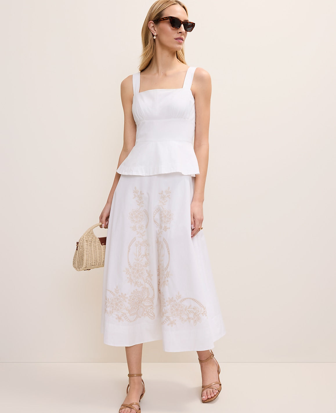 Ann Taylor White Embroidered Peplum Flare Midi Dress