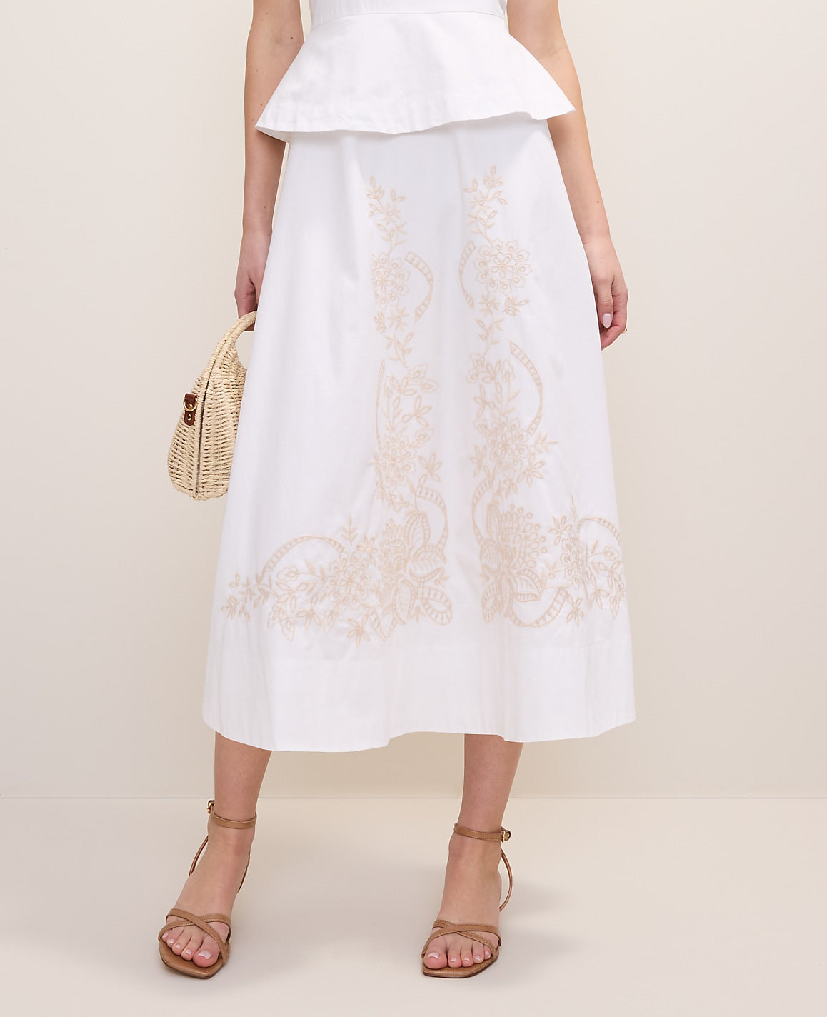 Ann Taylor White Embroidered Peplum Flare Midi Dress