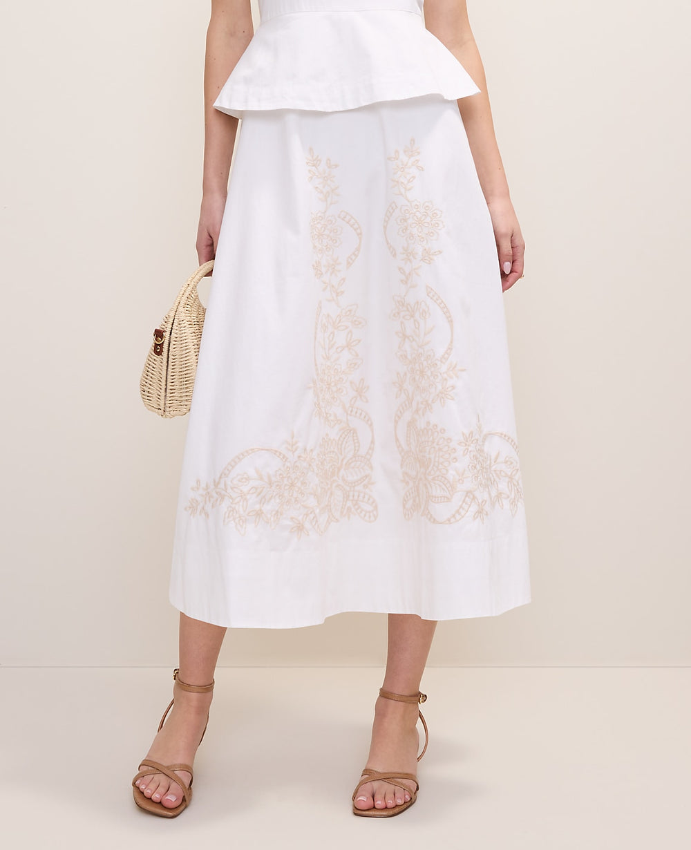 Ann Taylor White Embroidered Peplum Flare Midi Dress