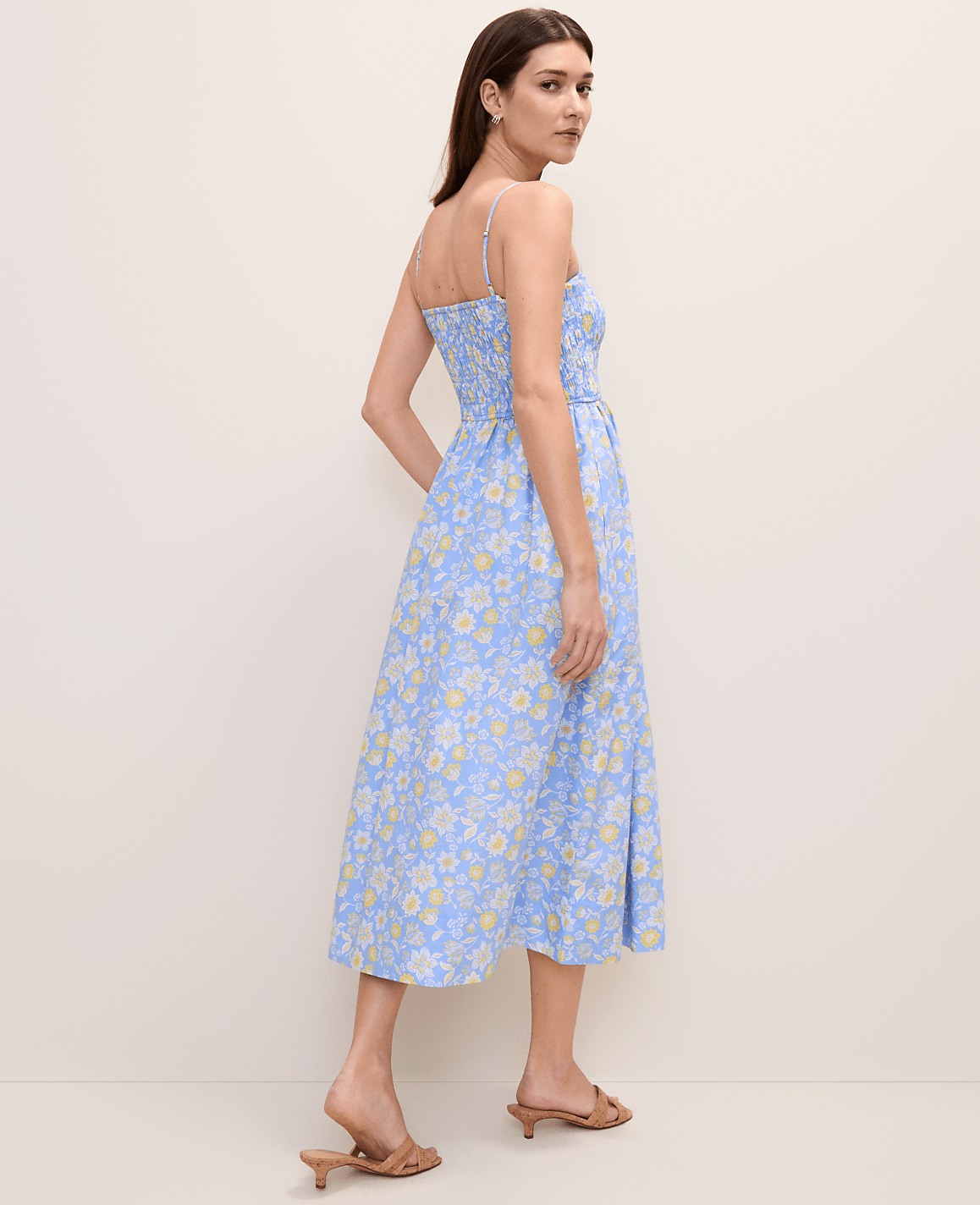 Ann Taylor Vista Blue Weekend Floral Smocked Midi Dress