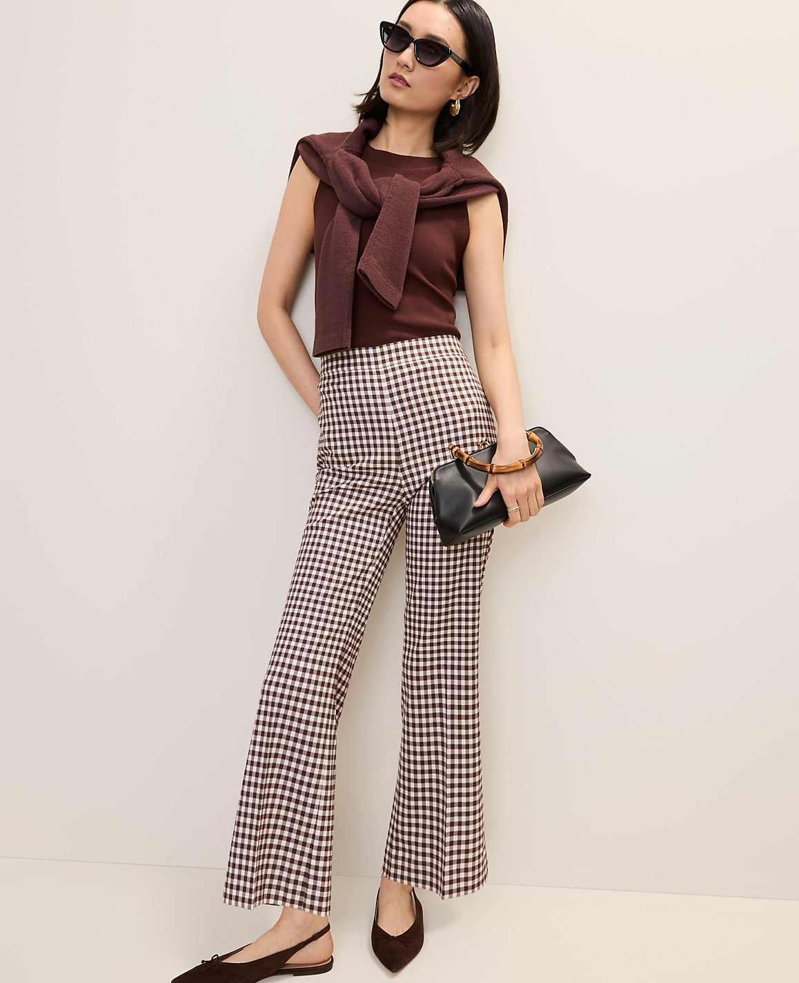 Ann Taylor Brown/White Check The Gingham Side Zip Flare Pant