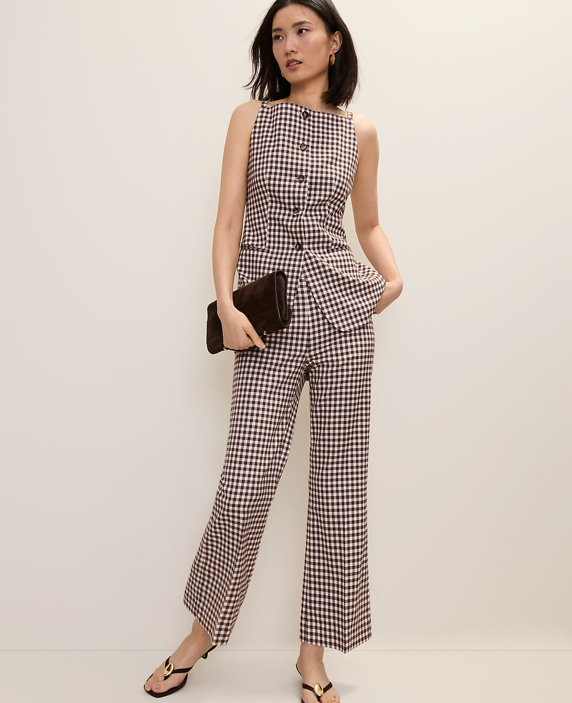 Ann Taylor Brown/White Check The Gingham Side Zip Flare Pant