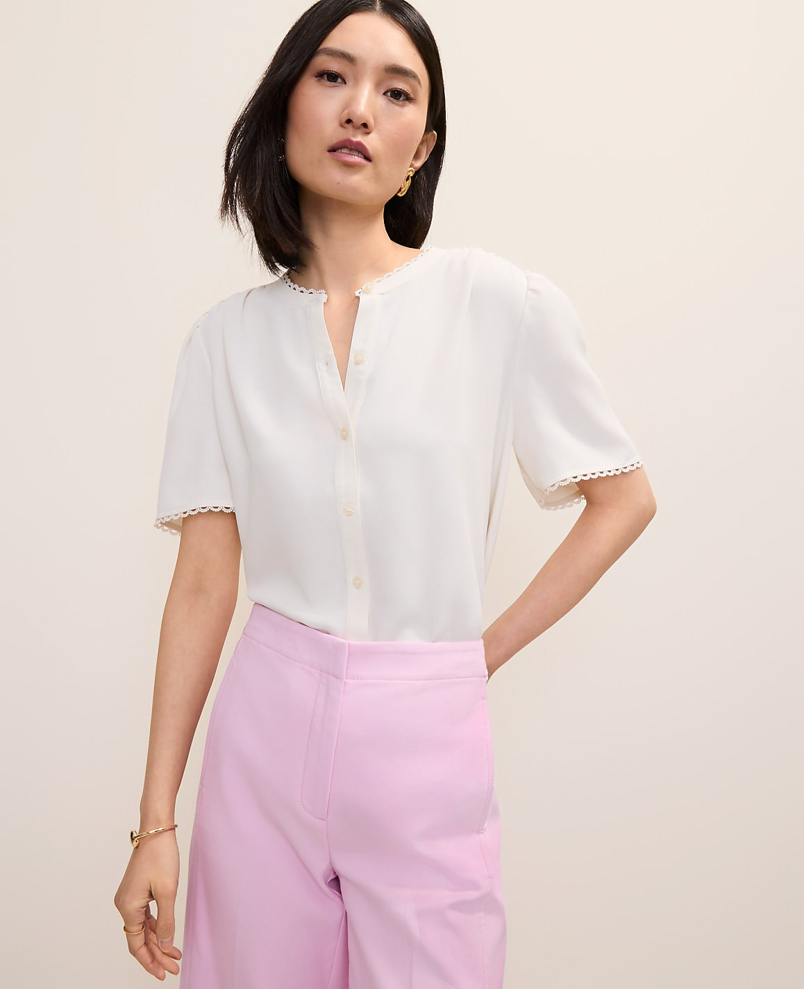 Ann Taylor Winter White Lace Trim Top