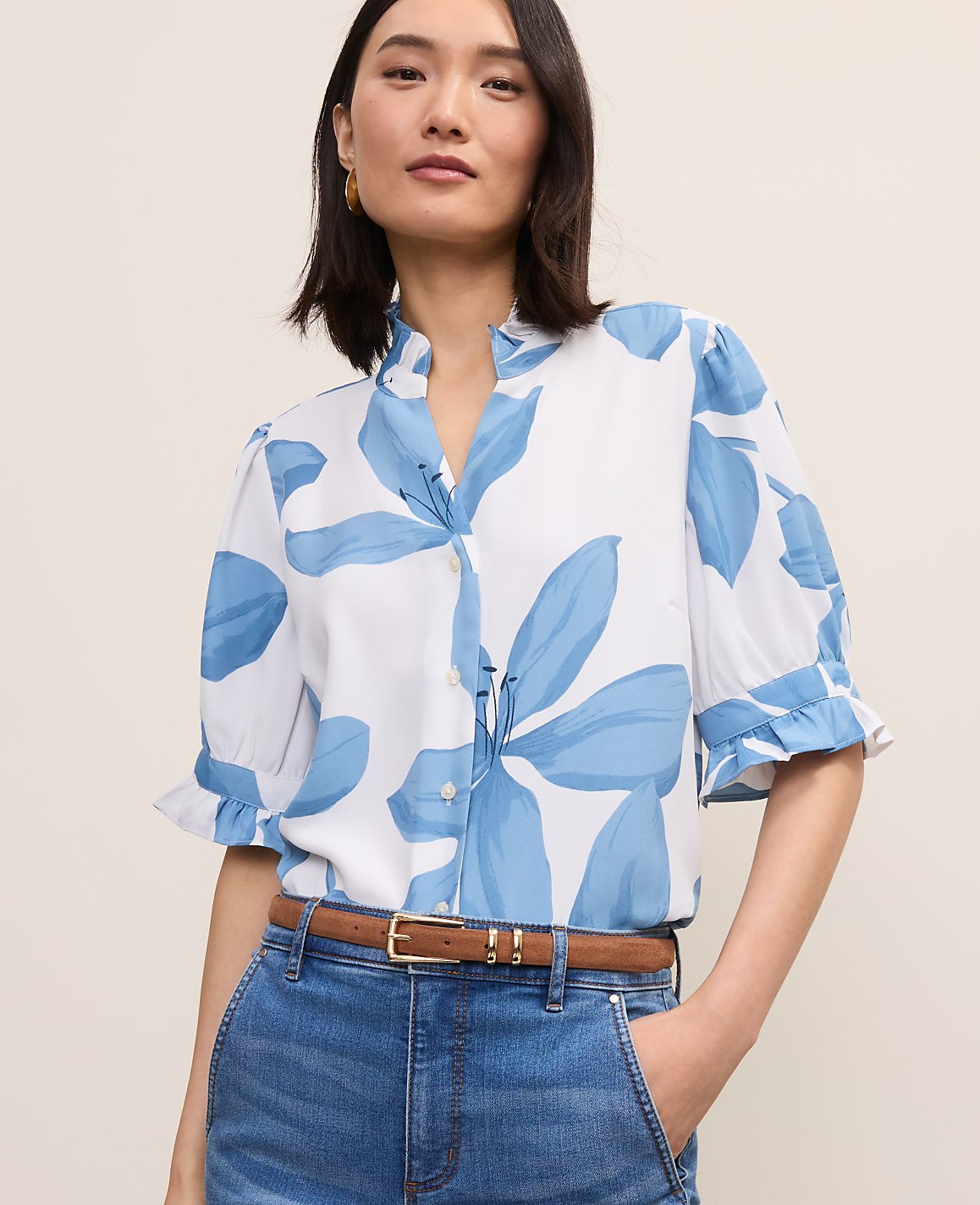 Ann Taylor Blue Floral Ruffle Collar Shirt