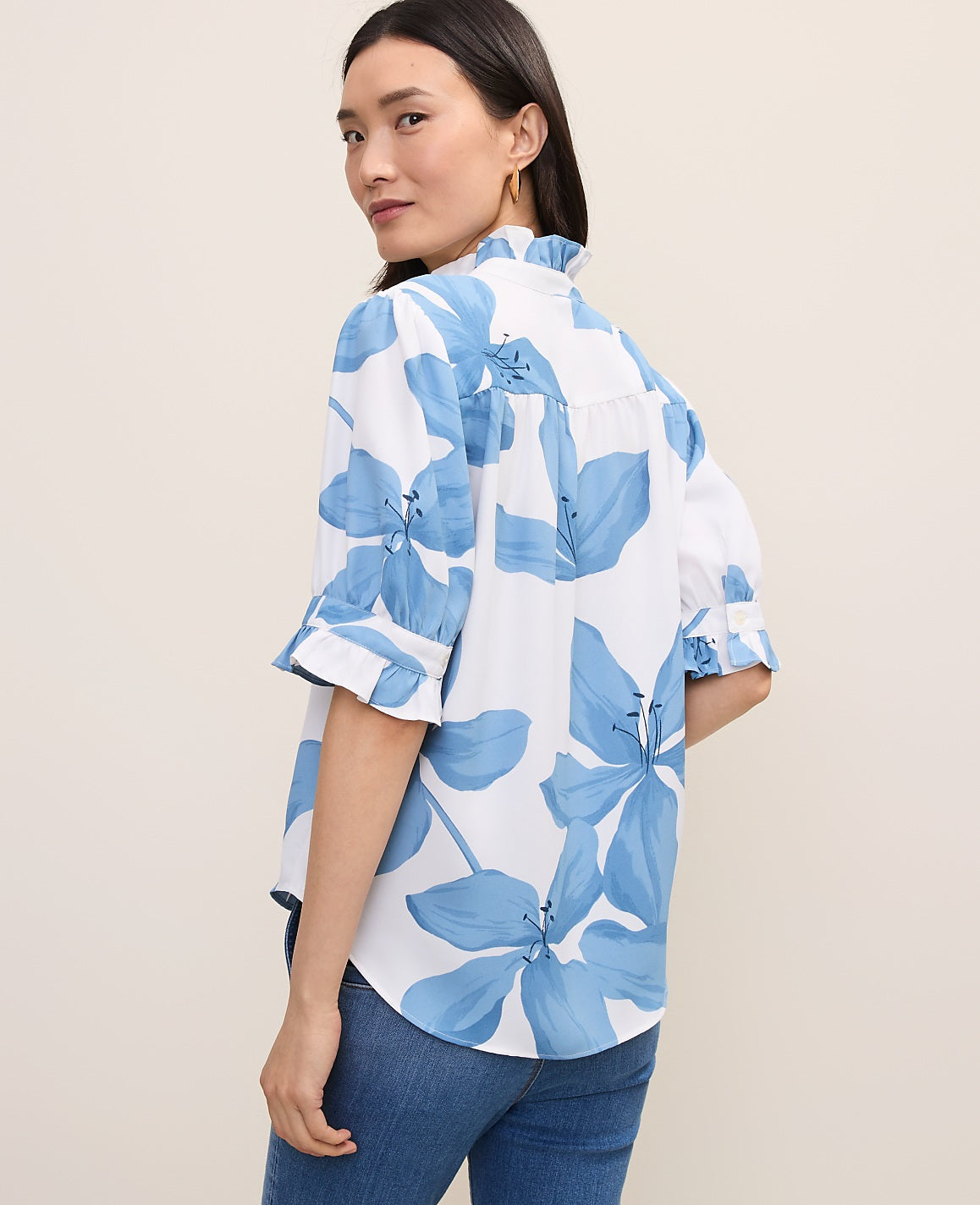 Ann Taylor Blue Floral Ruffle Collar Shirt