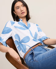 Ann Taylor Blue Floral Ruffle Collar Shirt